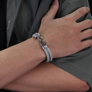 Brazalete de Cuero Gris Estilo Punk al por Mayor, Brazalete Infinito de Acero Inoxidable 316L para Hombre - Product Image 4