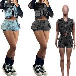 Ánh Sáng Màu Xanh Thời Trang Denim Túi Thời Trang dạo phố Phụ Nữ Không Tay Áo Khoác Vest + Quần Short Hai Mảnh Bộ