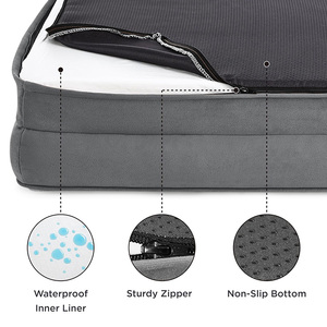 Cama de perro de espuma viscoelástica ortopédica de felpa gris personalizada al por mayor, cama rectangular no masticable para mascotas con almohada de 4 lados, cuenco de acero - Product Image 5