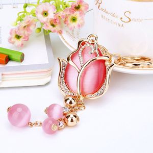 Trendy Women Rhinestone Diamond Tulip Floral <b>Key</b> <b>Chain</b> Pink White Opal Tulip Flower Pendant Keychain - Product Image 1