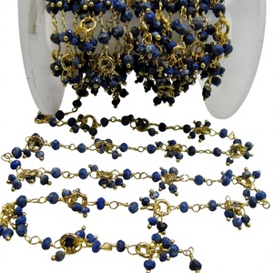 Chaîne de fleurs en pierres précieuses naturelles de Lapis Lazuli, perles facettées rondes de 3-4 mm, grappe de pierres tombantes par pied - Product Image 1