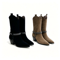 Bottes de cowboy pour femmes à bout pointu, mi-mollet, en faux daim, avec sangle décorée de strass et talon carré – Chaussures personnalisées tendance