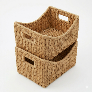 Natural Water Hyacinth <b>Storage</b> Basket Handmade Woven <b>Shelf</b> Organizer Bin With Built In Handles For Cozy Boho Home Decoration - Product Image 5