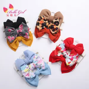 BELLE WORLD Großhandel hochwertige bedruckte Bowknot Nylon Stirnband weichen Stoff Blume elastischen Baby Haarband