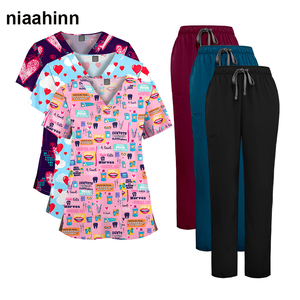 OEM Lovely Cartoon Animals Print Enfermería Scrubs Mujeres Tops Manga corta con cuello en V Cordón Uniforme DE TRABAJO Blusa Camisas de disfraces - Product Image 1