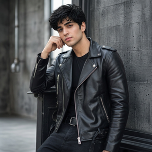 Chaqueta de Motociclista para Hombre, de Cuero Genuino Negro, Forro de Lana Transpirable, Cuello Camisero, Cierre de Cremallera, Manga Larga, Color Sólido, para Invierno - Product Image 2