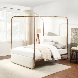 Modern Design Easy Assembly 4 Post Iron Bed No Box Spring Needed Brass Metal Canopy Platform Bed Frame