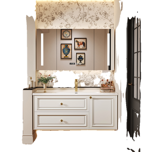 Meuble de salle de bain rétro français avec lavabo intégré en céramique et lavabo en ardoise - Product Image 3