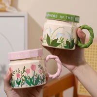 Cangkir keramik bunga mewah dengan tutup untuk wanita, cocok untuk rumah dan kantor, cangkir minum kopi dan teh kelas atas