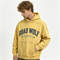 Sweat-shirt à capuche Road Wolf Heavyweight délavé au soleil, style universitaire, imprimé lettres, jaune délavé à l'acide, streetwear vieilli