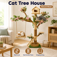 Arbre à chat en bois naturel, tour d'escalade multi-niveaux pour chat, avec porte en forme de chat, poteaux en sisal et balançoire, mobilier d'intérieur pour animaux de compagnie