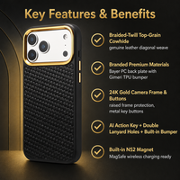 Étui de téléphone en cuir de vachette véritable tressé pour iPhone 17 18 avec support pour clé AI et double trou pour cordon, coque de protection professionnelle