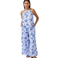 Setelan Dua Potong Wanita 100% Linen - Atasan Halter Neck & Celana Kaki Lebar dengan Motif Bunga untuk Musim Panas