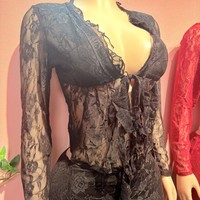 Nouvel ensemble deux pièces sexy pour femme en dentelle transparente à nouer devant, cardigan à manches longues avec pantalon en dentelle assorti