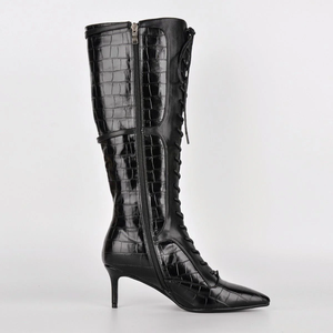 Bottes au genou motif crocodile <span class=keywords><strong>noir</strong></span> pour femmes à lacets bout pointu bottes à boucle <span class=keywords><strong>talon</strong></span> aiguille - Product Image 3