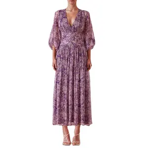 TWOTWINSTYLE Casual V Neck Half Sleeve High Waist Purple Print Dresses Women Long Dress