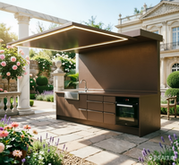 Cuisine extérieure moderne modulaire en acier inoxydable et acrylique, finition brillante, ignifuge, résistante aux intempéries, avec évier, robinet et tiroir coulissant pour villa