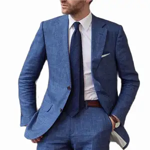 Toptan slim fit keten takım elbise pantolon-Son tasarım mavi damat erkek takım elbise keten erkek takım elbise Slim Fit 2 adet smokin özel Blazer ceket + pantolon