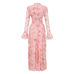 Abito Lungo da Cerimonia Primavera 2026, Design alla Moda, Stampa Floreale <span class=keywords><strong>Vintage</strong></span>, Sexy con Laccetti Posteriori, Maniche a Campana, Rosa e Grigio - Product Image 2