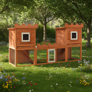 Cage à lapins en bois d'extérieur, double maison, grande cage pour animaux de compagnie, style classique avec portes en maille et design château - Product Image 2