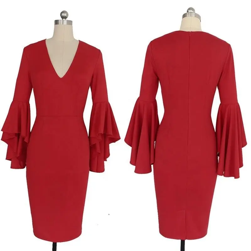 Plus Size Dress donna stampa floreale nero rosso profondo scollo a V manica elegante abito a matita sottile