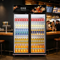 Réfrigérateur commercial noir à double porte pour boissons, avec refroidissement direct et bandeau graphique personnalisé, idéal pour les bars, hôtels et restaurants