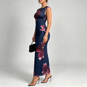 Abito <span class=keywords><strong>lungo</strong></span> da donna senza maniche con stampa <span class=keywords><strong>floreale</strong></span>, elegante, in raso arricciato, per serate e feste - Product Image 2