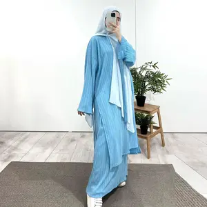 2 Piece Pleated Striped Suit Islamic Costume Women's Demure Abaya Loose Split Side Long Skirt Big Swing Skirt Two Piece Set