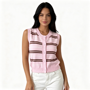 <span class=keywords><strong>Cardigan</strong></span> Casual Senza Maniche a Righe, Gilet Estivo da <span class=keywords><strong>Donna</strong></span> Rosa <span class=keywords><strong>Marrone</strong></span> con Bottoni e Collo Tondo, Maglieria - Product Image 1