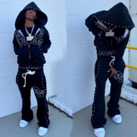 Ensemble Survetement OEM Pantalon Évasé et Sweat à Capuche Empilés Double Taille, Personnalisé Strass Y2k