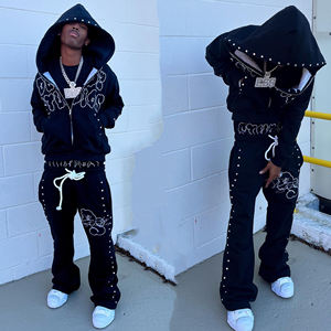 Setelan Olahraga Celana Baggy Bertumpuk Model Double Waisted dari Produsen OEM, Celana Sweatpants Flare Berhias Rhinestone Gaya Y2k dan Hoodie Custom - Product Image 1