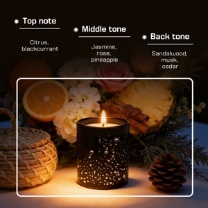Bougie en cire de soja dans un bocal en verre - Combustion longue durée, senteurs agrumes, <span class=keywords><strong>cassis</strong></span>, jasmin, rose, ananas, bois de santal, musc, cèdre - Product Image 4