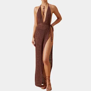 Nuevo diseño mujeres Sexy moda verano playa tiras Halter Wrap vestido largo elegante mujer Sexy Crochet espalda descubierta vestidos recortados