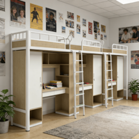 Lit superposé en métal pour 3 personnes, gain de place, avec bureau et rangement armoire, cadre de lit multifonctionnel pour dortoir, chambre et école