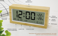 Réveil numérique intelligent à affichage LCD avec rétroéclairage, affichage de l'heure, de la température, de l'humidité, du jour et de la date, fonction snooze, en bambou, en bois