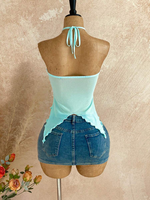 Atasan Rajut Formal Wanita Warna Hijau Mint Model Halter Asimetris Y2K untuk Pesta, Grosir dan Custom