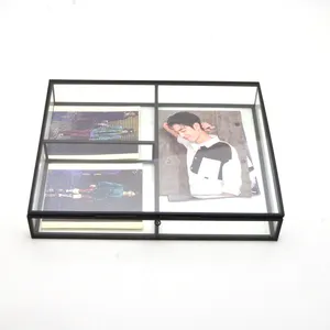 Boîte de rangement vintage en verre à 3 compartiments pour lettres, souvenirs, montres et cartes postales, en métal noir - Product Image 2