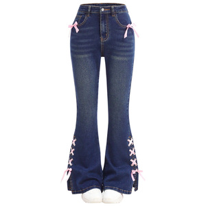 Nouveau pantalon large et droit en jean avec nœud papillon pour femme – Collection Printemps Tendance - Product Image 2