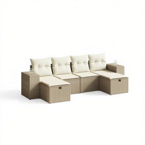 Conjunto de Sofá Modular para Jardín, Color Beige, Ratán Sintético, Estructura de Acero, Muebles de Exterior para 4 Personas, Diseño Contemporáneo - Product Image 1