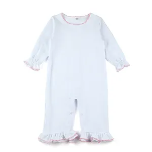 blank cotton ruffle romper Snaps at neck and legs play suit Girl's sleeved home outfit