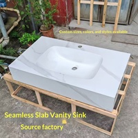 Comptoir de salle de bain minimaliste personnalisé en dalle de roche, courbé à chaud, intégré et sans joint, avec évier et support de robinet monotrou pour la maison