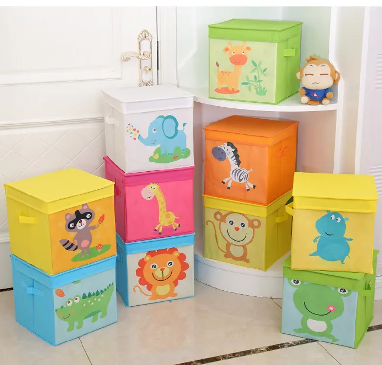 Wholesale Cheap Cartoon Cute Non Woven Printed Fabric Toys Storage Box with Lid Foldable