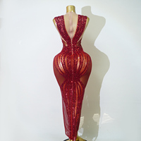 Robe sirène de luxe rouge à sequins, ornée à la main de strass, tenue de Drag Queen, vêtement de scène professionnel, robe de gala de concours, tissu en maille