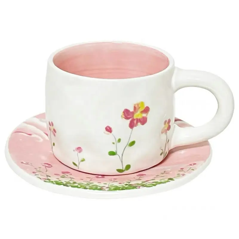 Conjunto de copo de café e molhador de cerâmica, artesanal, flor pintado à tarde, caneca de leite de chá com alça, restaurante, 250ml