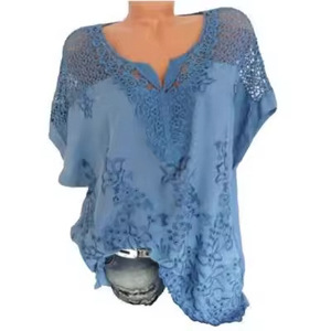 Blusa de Verano de Manga Corta para Mujer, Holgada, con Encaje Blanco y Parches Florales, Top Informal con Estampado Floral en Tallas Grandes - <span class=keywords><strong>4XL</strong></span> <span class=keywords><strong>5XL</strong></span> - Product Image 4