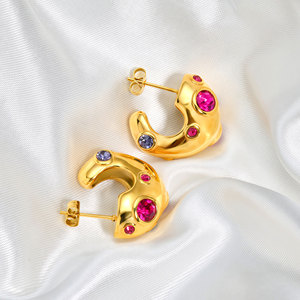 Pendientes de Acero Inoxidable Chapados en Oro de 18K con Forma Irregular en C y Circonitas, Estilo Vintage para Mujer - Product Image 2