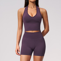 Ensemble de yoga 2 pièces sans couture pour femme 7725-11, tricoté, col halter, col en V, effet push-up, contrôle du ventre, tenue de sport pour la course