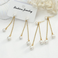Anting-Anting Mutiara Imitasi Bulat Rantai Tipis Panjang, Membentuk Wajah Lebih Ramping, Elegan, Feminin, Cocok untuk Kantor, Serbaguna, Perhiasan Telinga Wanita
