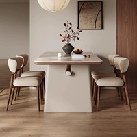 Ensemble de table à manger rectangulaire minimaliste rétro français, plateau en pierre frittée travertin avec double piédestal en bois