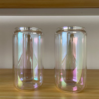 Gobelets en verre en forme de canette de bière de 12oz/16oz, plaqués or, sans BPA, anti-fuite, pour sublimation, avec couvercle en bambou et paille